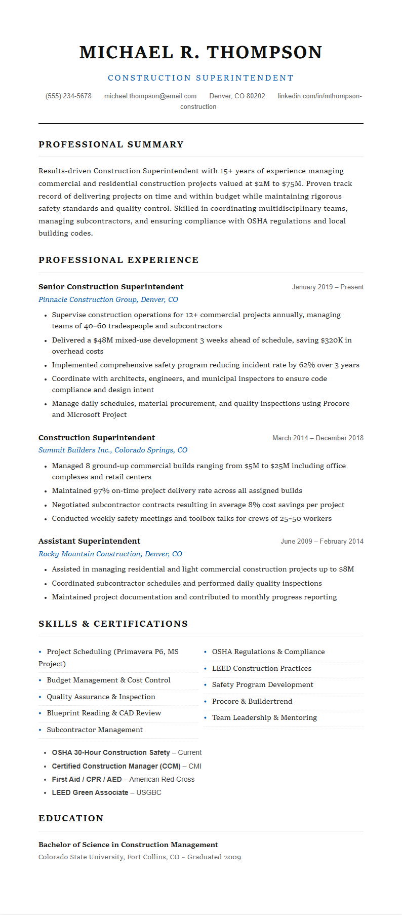Classic professional construction superintendent resume